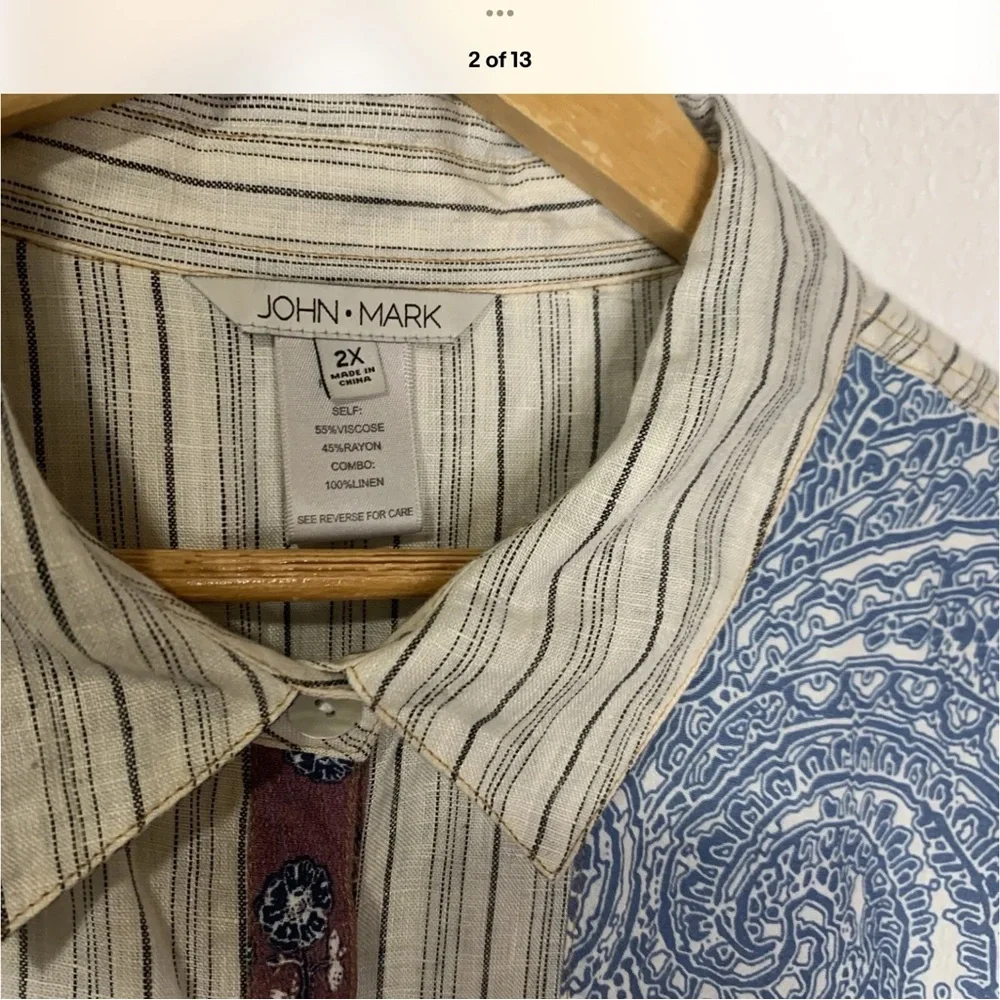 John Mark plus size Embellished mixed Fabric Button-Up Shirt - Picture 12 of 13